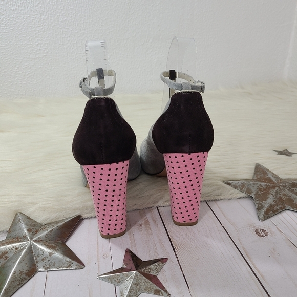 Shoes of Prey retro t-strap pumps pink polka dots gray suede metallic silver 38 - Picture 4 of 6